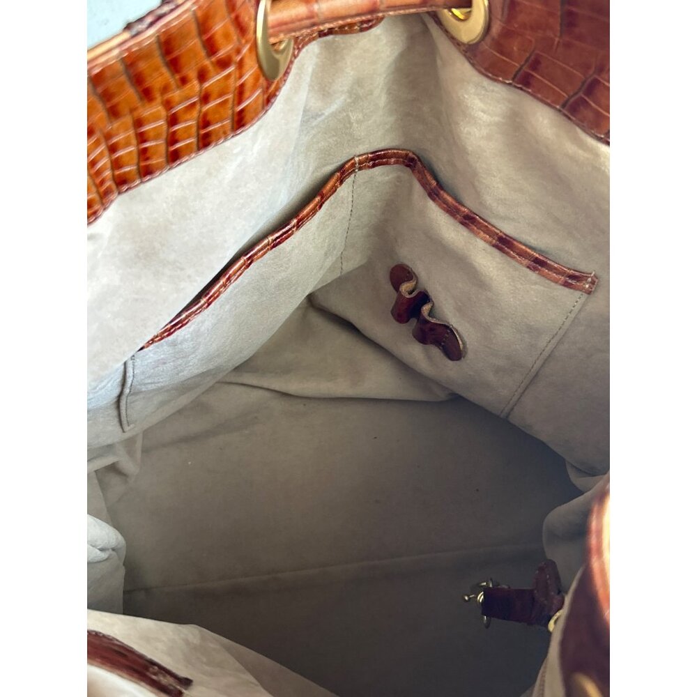 Brahmin Dee Dee Novella Leather Handbag Tan & Brown Croc Embossed Bucket Bag - Picture 12 of 15
